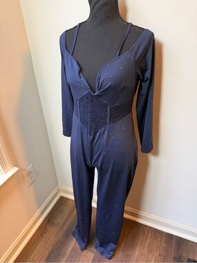 Zich Navy Blue Lace Trim Jumpsuit XL Long Sleeve Wide Leg Stretch One Piece
